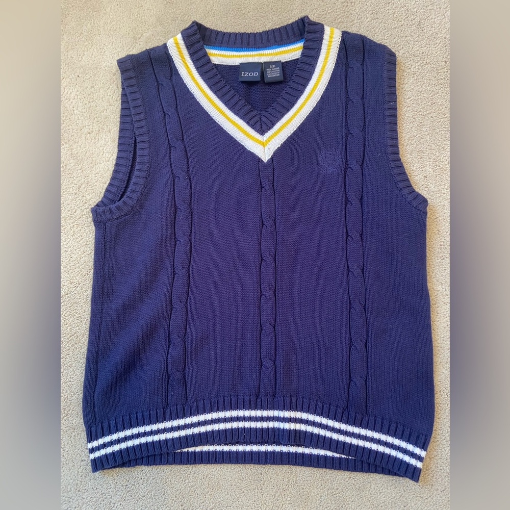 Izod Blue V-Neck Cotton Sweater Vest with White and Yellow Accents